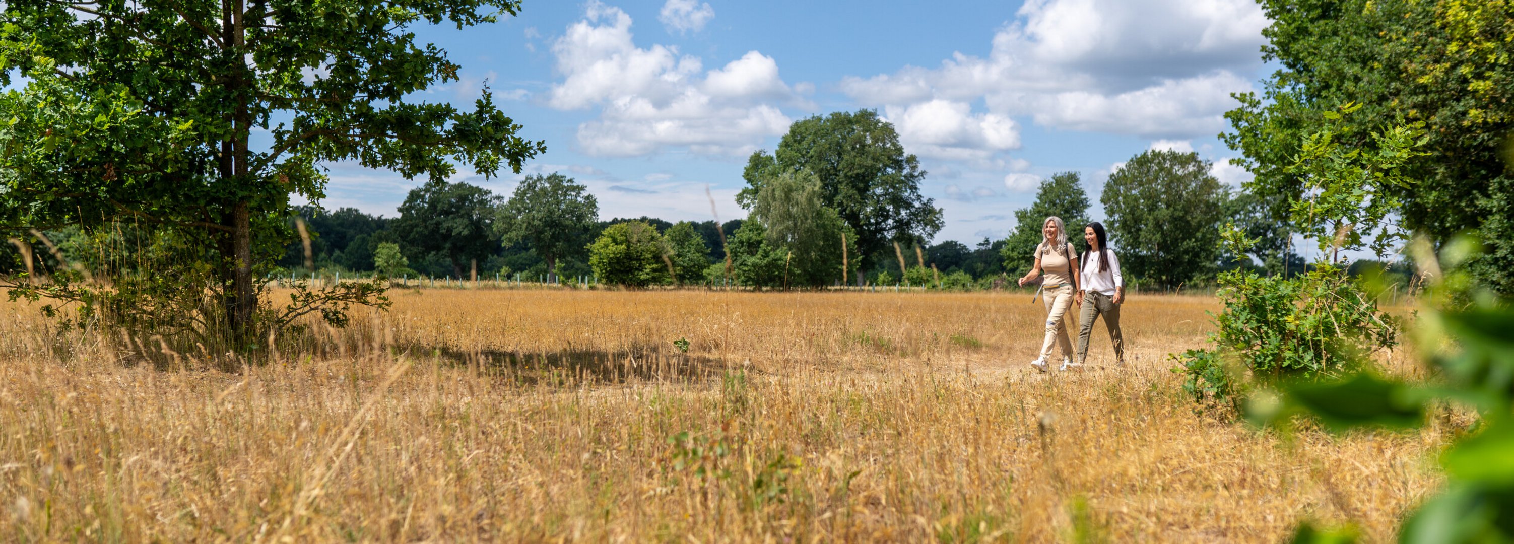 Zwei Frauen Wandern in idyllischer Natur bei blauem Himmel durch den Naturpark Aukrug. 