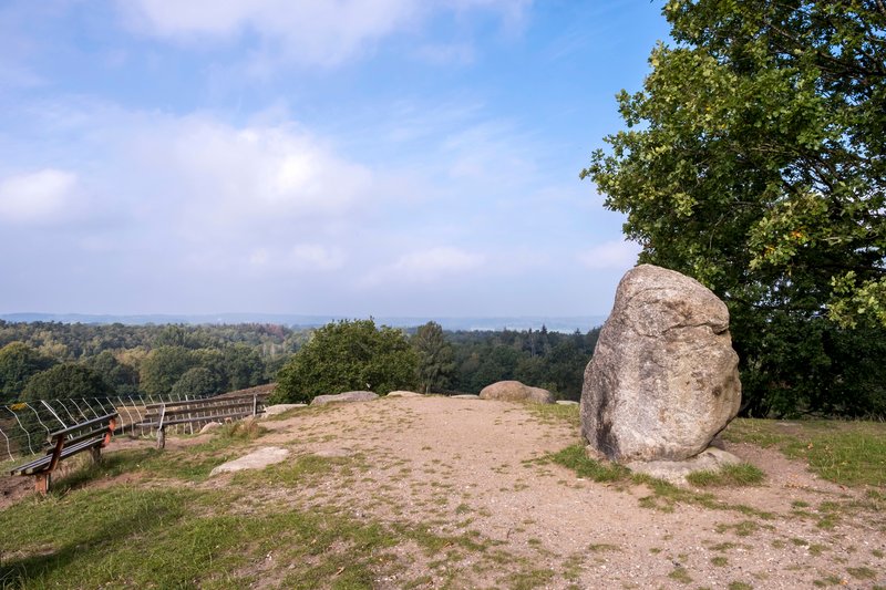 Aussichtspunkt auf dem Boxberg im Naturpark Aukrug mit Bänken und einem großen Felsen.