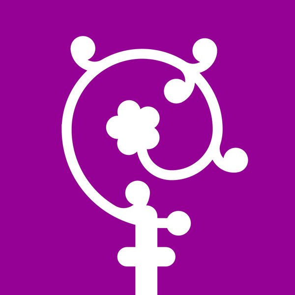 Ein stilisiertes, weißes Symbol auf einem lila Hintergrund, das eine dekorative Form mit Kreisen und geschwungenen Linien darstellt.